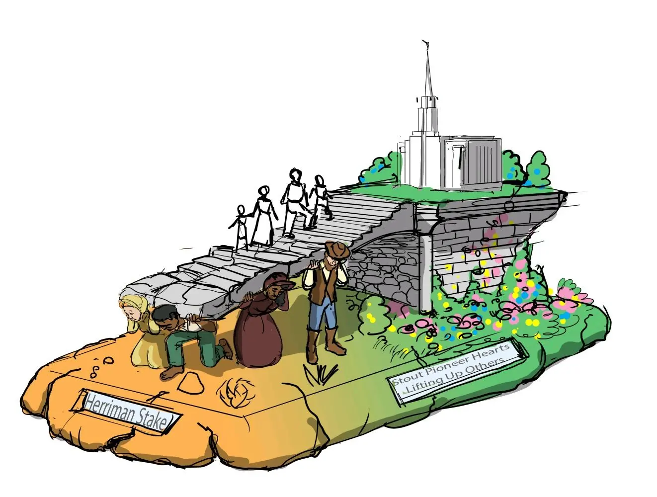 Colorful parade float design illustration with temple structure and Herriman Stake