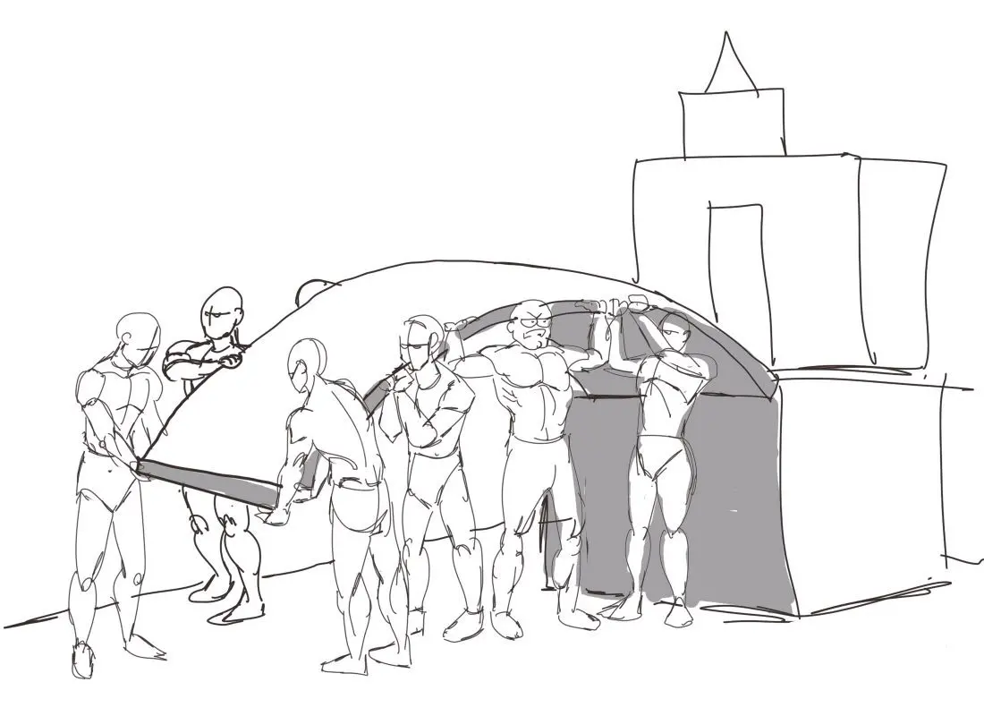 Parade float concept sketch showing people and structure