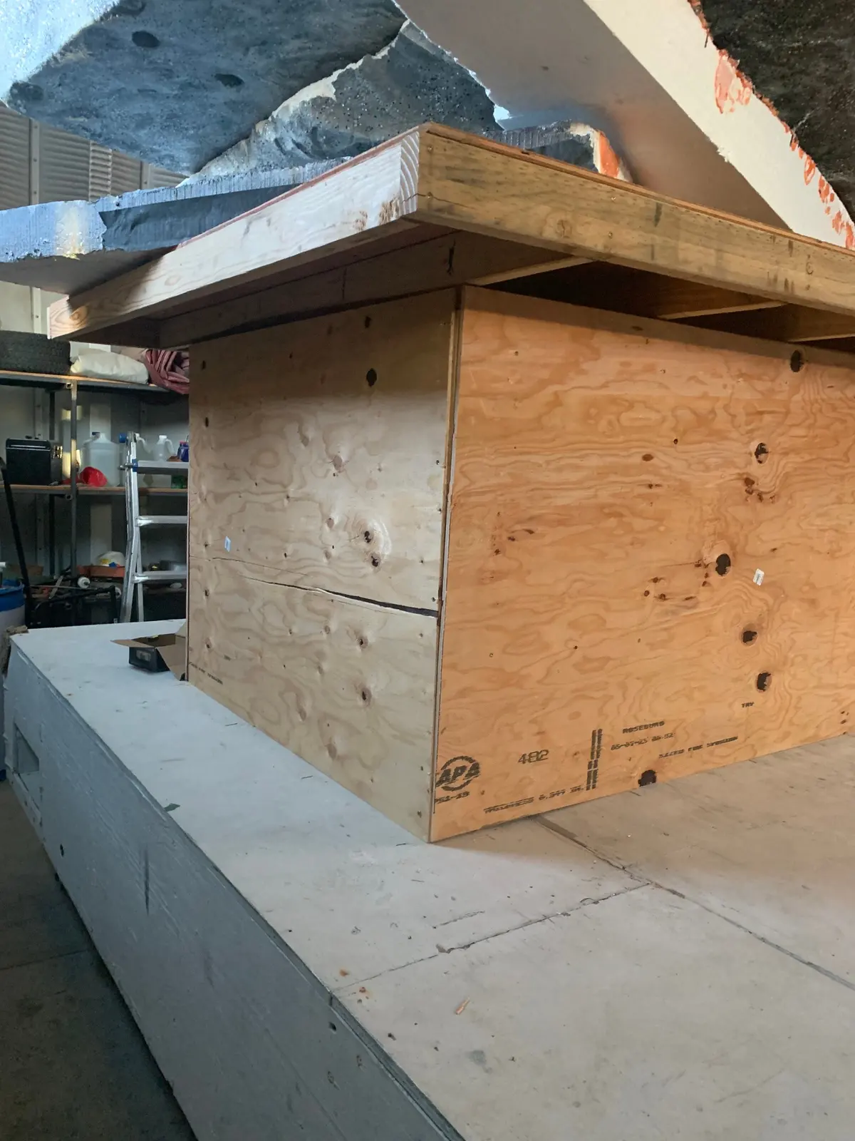 Parade float plywood base structure on trailer platform