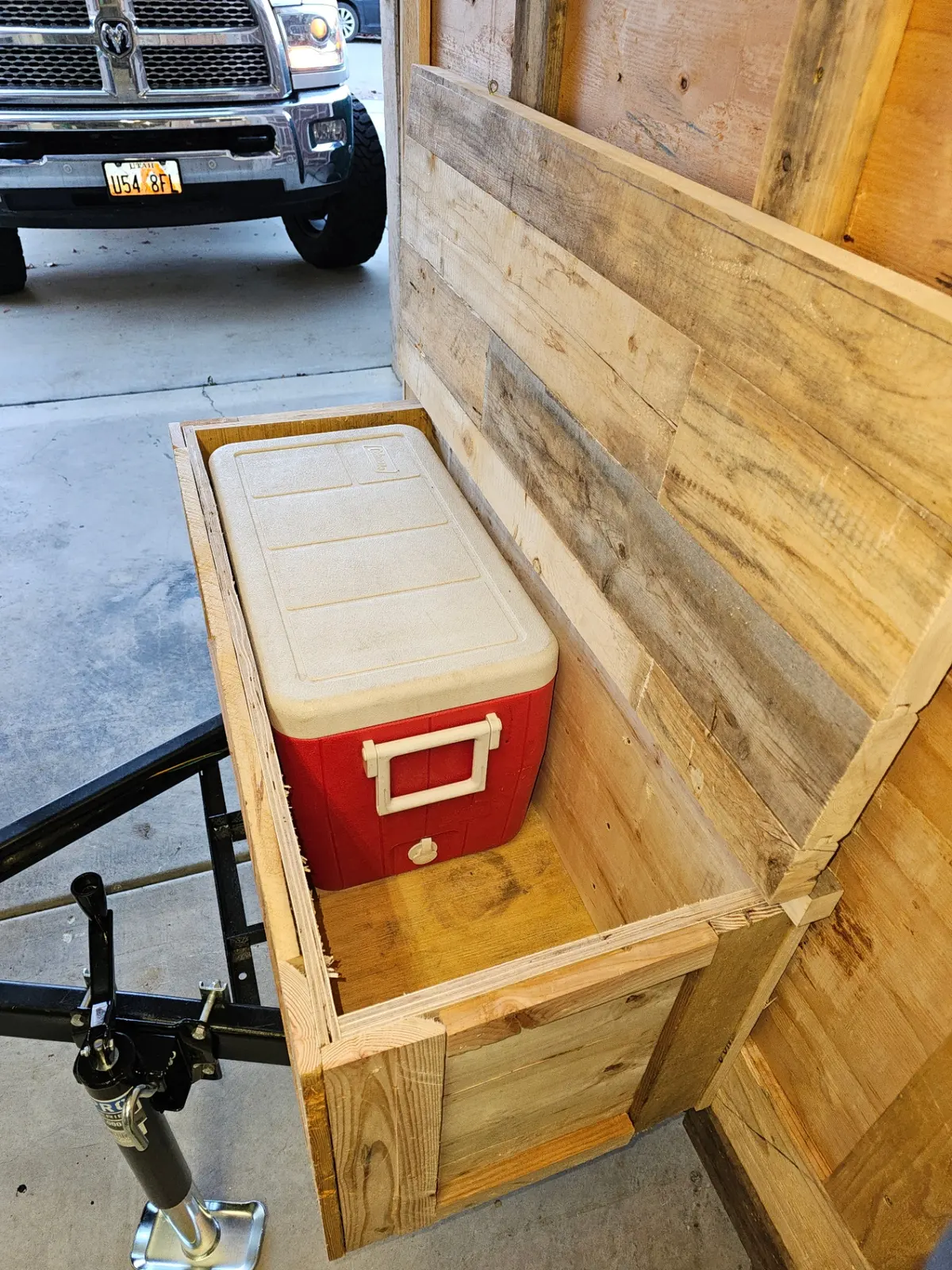 Front porch wooden counter with cooler storage