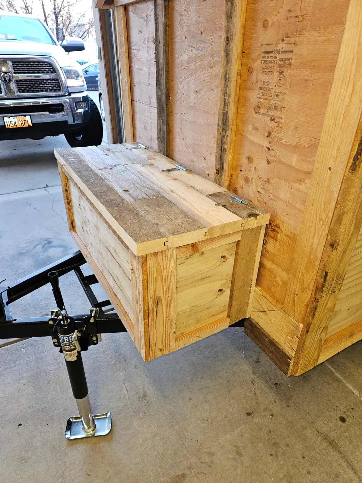Porch detail showing reclaimed wood counter and entrance