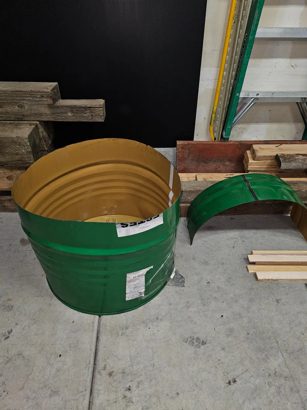 Green barrel construction piece for trailer build