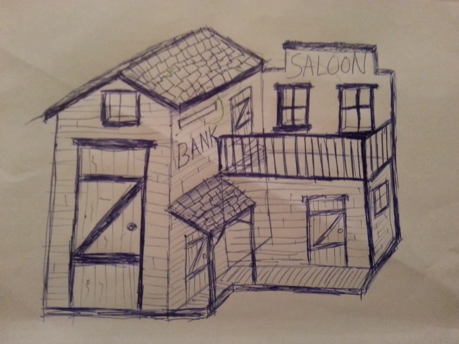 Original sketch design for Western pallet playhouse featuring Bank and Saloon