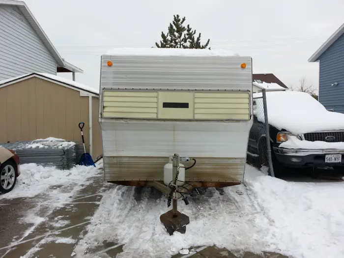 Front exterior of the remodeled Aristocrat camper.