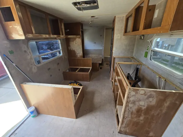 Cabinet doors removed during the interior renovation.