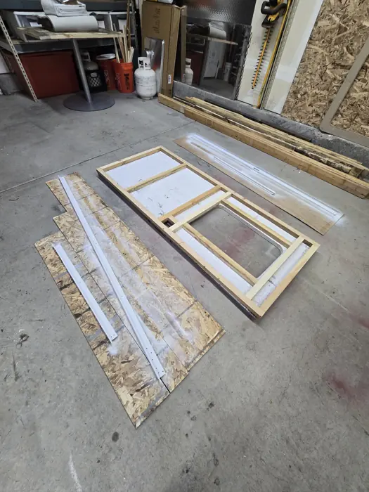 Replacement entry door frame under construction.
