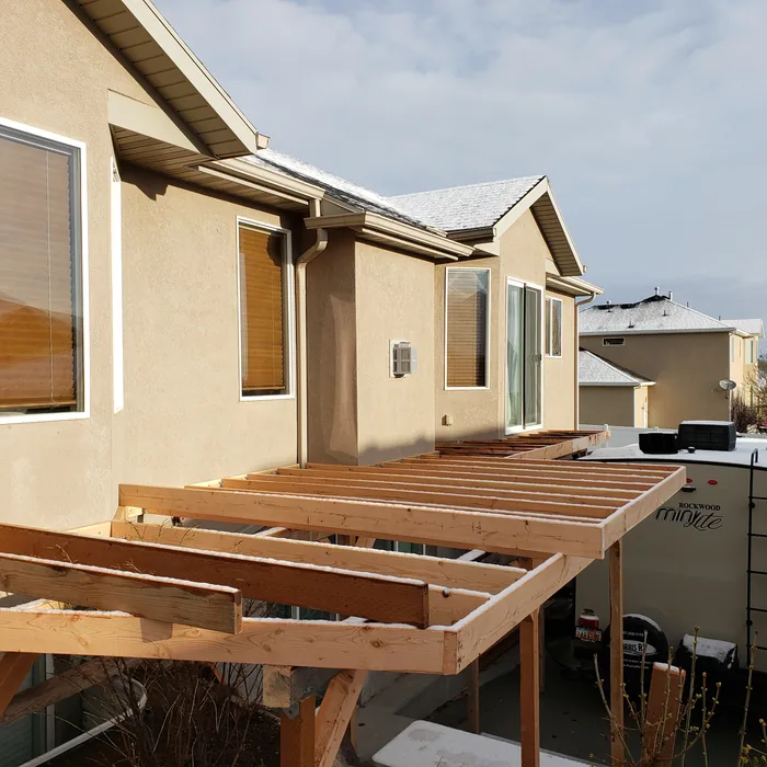 Raised deck beams and joists before the decking boards were installed.