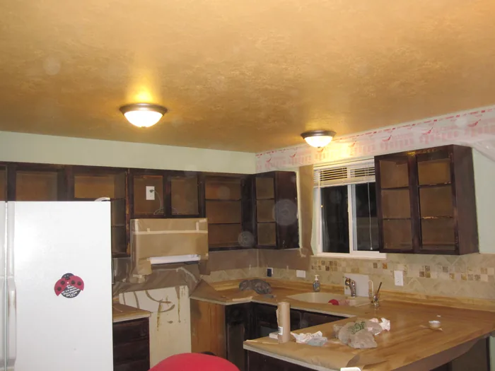 Kitchen during renovation with cabinet doors removed and painting underway.