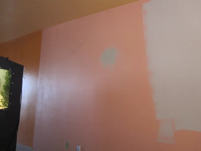 Living-room wall repairs and paint preparation in progress.