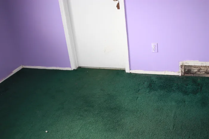 Bedroom before renovation, with purple walls and green carpet.