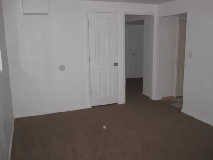 Basement living-room wall repairs in progress around the doors and ceiling.