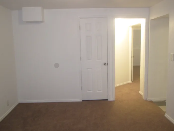 Finished basement living room with light walls, white doors and updated carpet.