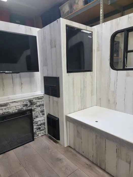 Interior cabinets and wall paneling during the build.