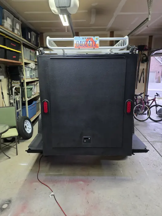 Rear of the trailer with the galley hatch closed.