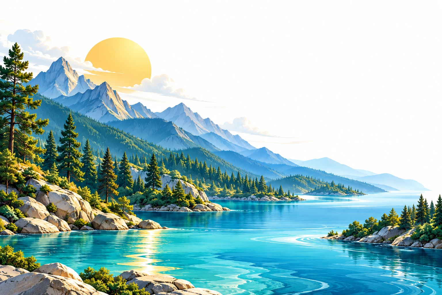 Illustrated sunlit mountains, pines and a blue lake